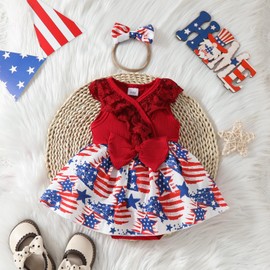 4th of July Baby Girl Outfit Sleeveless Onesie My 1st 4th of July Romper Dress Fourth of July America Flag Clothes (America Flag Red,12-18 months)