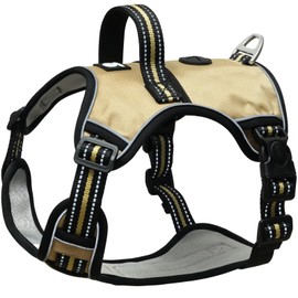 MESVIER Arnés para Perro con Bosla, Pechera para Perro Adjustable con Líneas Reflejantes y Asa de Control, Arneses Sin Tirones para Perros Chicos Medianos y Grandes (Caqui, S)