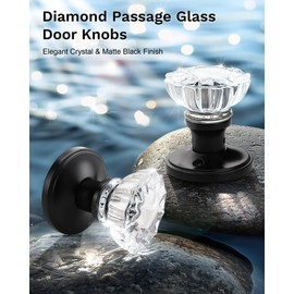 KNOBWELL 2 Pack Passage Crystal Door Knobs Interior, Keyless Closet/Hallway Glass Door Knobs Without Lock Indoor, Modern Matte Black Glass Door Knob Set