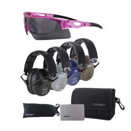 TITUS Slim-line Earmuffs and Safety Glasses Combo Pack (Olive, Pink Frame w/Smoke Lens)