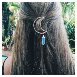 Xduargs Boho Moon Hair Clip Vintage Hollow Crescent Hairclip Hexagonal Crystal Drop Hair Barrette Clip Healing Stone Pendant Hairpin Hair Accessory for Women Headdress(Silver)