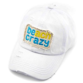 C.C Exclusives Hatsandscarf Washed Distressed Cotton Denim Ponytail Hat Adjustable Baseball Cap (BT-761) (White-Beach Crazy)
