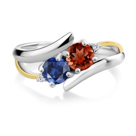 Gem Stone King 925 Silver and 10K Yellow Gold Red Garnet Blue Created Sapphire and White Lab Grown Diamond 2 Stone Crossover Ring For Women (1.17 Cttw, Available In Size 5, 6, 7, 8, 9)