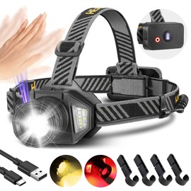 Rechargeable Headlamp, LED Zoomable Headlamp with Motion Sensor, 9000 High Lumen Dual Light Source Sensor Headlamp with 8 Modes& IPX5 Level Waterproof, 90° Adjustable Head Flashlight for Adult Outdoor