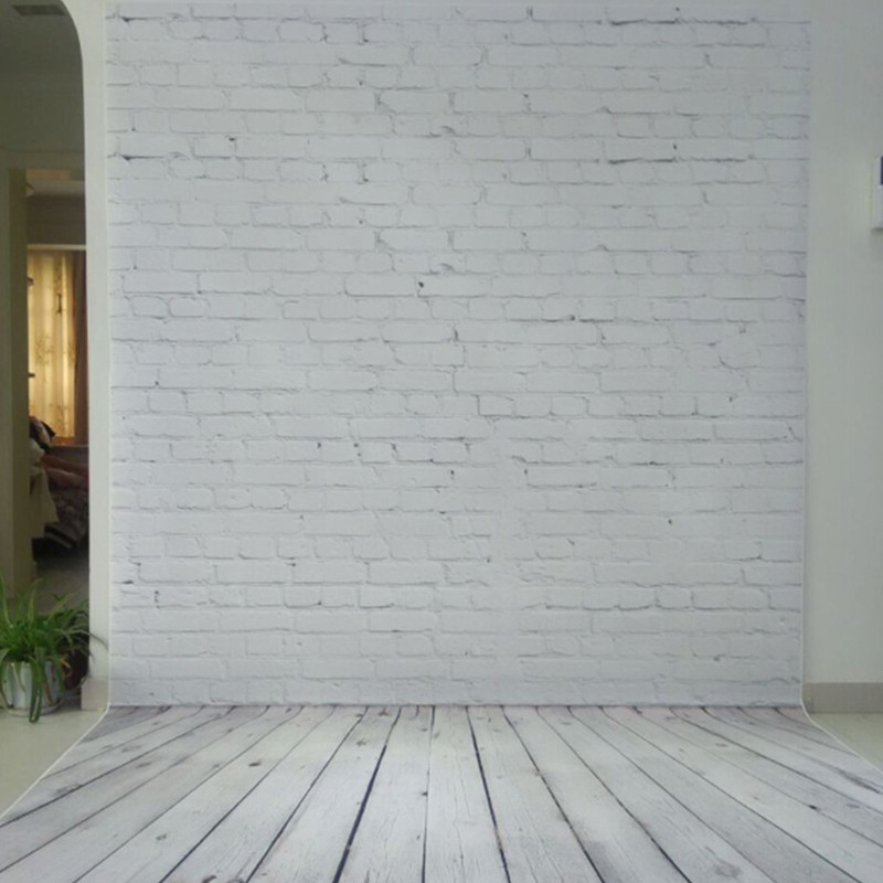 White Brick Wall with Wooden Floor Photography Backdrop Vinyl Photo