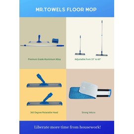 Mr. Towels Microfiber Floor Mop + 2 Reusable 18" Washable Mop Pads. 360 Rotating Aluminum Extended Handle, Adjustable 33" - 60". The Perfect Solution as Tile, Laminate, Hardwood Floor Cleaner