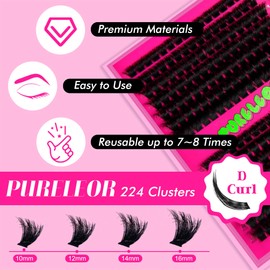 PURELEOR Cluster Lashes D Curl 10-16mm Mixed DIY Lash Clusters Individual Mega Cat Eyelash Extensions Look Soft Fluffy