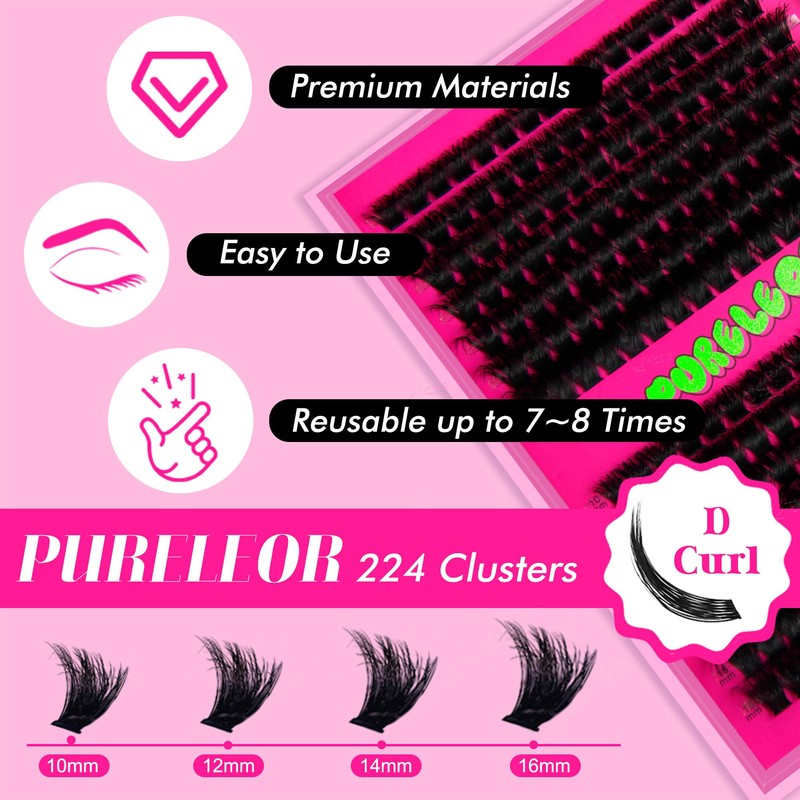PURELEOR Cluster Lashes D Curl 10-16mm Mixed DIY Lash Clusters