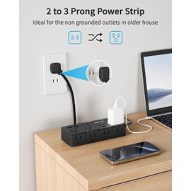 DEPOW Black 2 Prong Power Strip, 2 to 3 Prong Outlet Adapter with 8 AC & 4 USB Ports (2 USB C), 6 FT Extension Cord, 1700J Two Prong Surge Protector, Wall Mountable, Ideal for Old House