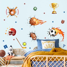Tanlaby 3D Sport Balls Wall Stickers Break Through The Wall Football Wall Decals Baseball Basketball Rugby Peel and Stick Art Decor for Boys Kids Playroom Baby Nursery
