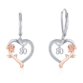 80th Birthday Gifts for Women, 80 Years Old Birthday Gifts for Women Mom 925 Sterling Silver Love Heart Rose Flower Leverback Drop & Dangle Earrings for Grandmother Wife Mothers Day Christmas Anniversary Jewelry