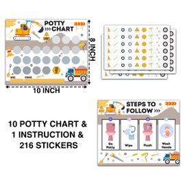 Construction Potty Trainning Sticker Chart for Toddlers Boys Girls, 10 Potty Training Chart with 216 Stickers & 1 Routine Card - A07