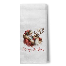 Vintage Santa Reindeer Hand Towels for Bathroom & Kitchen - Merry Christmas Decor, 16x24 Inch