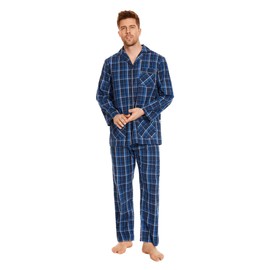 GLOBAL Mens Pyjamas Set | 100% Cotton PJs | Button Front Top and Elastic and Drawstring Bottoms