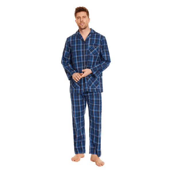 GLOBAL Mens Pyjamas Set | 100% Cotton PJs | Button