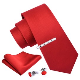 Gusleson Mens Wedding Red Silk Ties for Men Solid Necktie and Pocket Square Sets (UK6101-01)