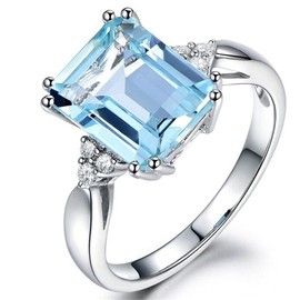 FZO Creative 925 Sterling Silver Womens Rectangle Sapphire Ring Shiny 18K Square Blue Gemstone Ring CZ Zirconia Diamond Topaz Ring Eternity Engagement Wedding Band Promise Cocktail Ring ST.331, 10, Sterling Silver, Cubic Zirconia