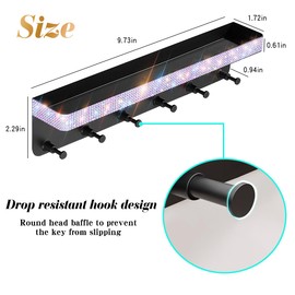 GUFONKOD Bling Decorative Wall Mounted Mail Organizer and Key Holder with Glitter Rhinestones Tray,6 Stainless Steel Key Hooks for Hallway Kitchen Farmhouse Decor (Black)