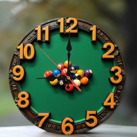 Lancholy Unique Pool Table Clock Billiards Wall Decor 10-Inch Wooden Wall Clock, Silent Movement, Battery Operated (AA Batteries Not Included), Artistic Home Decor, Perfect for Home Accents