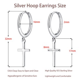 Cangall Silver Hoop Earrings for Women, 925 Sterling Silver Cross Drop Hoop Earrings, Simple Cute Cartilage Silver Dangle Earrings, Sleeper Dangle Hoop Earrings Silver with Cross Charm for Girls