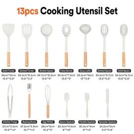 Kitchen Utensils Set, 13PCS Silicone Cooking Utensils, Heat Resistant Kitchen Utensil Spatula Set for Nonstick Cookware, Wooden Handles Kitchen Gadgets Tools Set