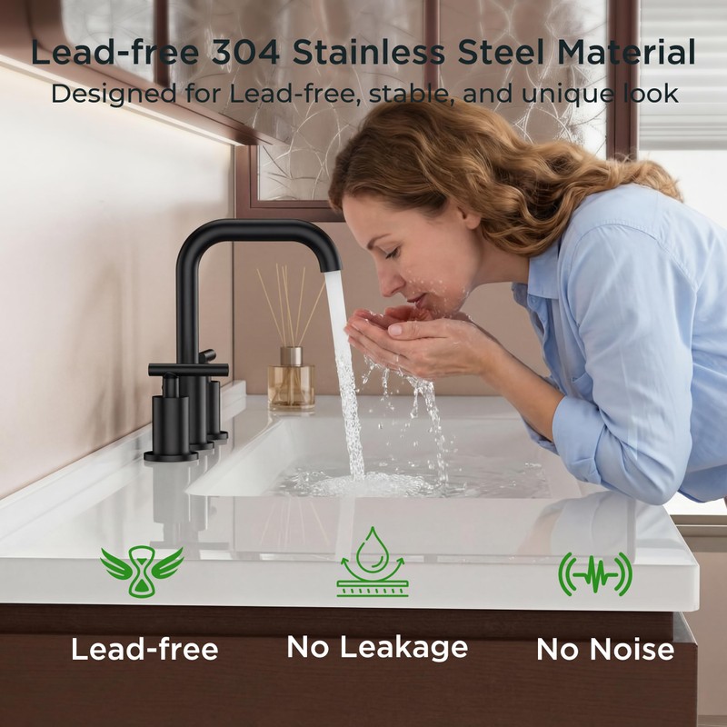 FORIOUS Matte Black Bathroom Faucet 3 Hole Widespread, 8 Inch