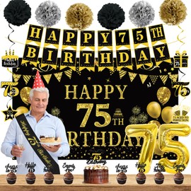 Trgowaul 75th Birthday Decorations for Men Women, 22pcs Black Gold Birthday Party Supplies, Banner, Hanging Swirl Flag, 75th Sash&cake topper, Balloons, 75 Year Old Party Decorations Set