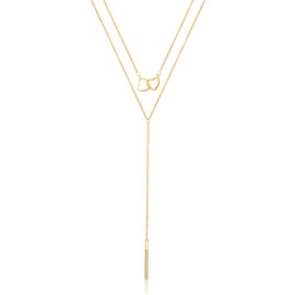 Iraveno Dainty Layered Y Necklace,Interlocked Heart Necklace for Women,CZ Bar Pendant Drop Y Necklace,Layering Lariat Necklace,18K Gold Plated