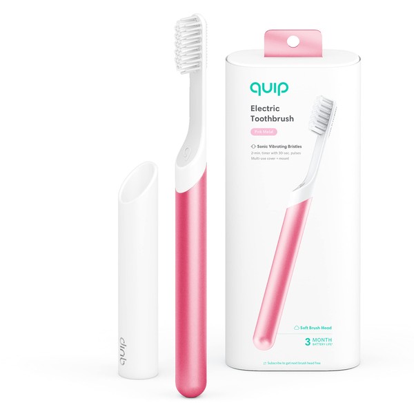Quip Adult Electric Toothbrush - Sonic Toothbrush with Travel Cover & Mirror Mount, Soft Bristles, Timer, and Metal Handle - Pink