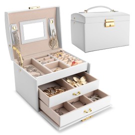 RUINENGDA 3 Layer Jewelry Organizer Box, Jewelry Box with Built-in Mirror, Lockable Travel Jewelry Box with Handle, Gift for Women and Girls (6.8x5.3x4.7Inches)