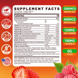 Vitamin B Complex with 8 Greens Gummies for Women & Men, Methylated B12 & Folate, Thiamine B1 B2 B3 Niacin B5 B6 Biotin, Vitamin C, Zinc for Energy, Brain, Immune Support, Sugar Free, Vegan, 120 Count