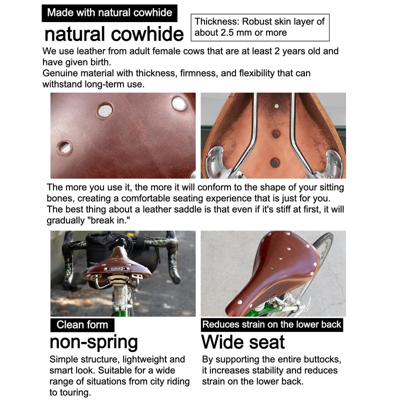 GORIX Bike Leather Saddle Seat Cowhide Studded Brown Vintage Shock