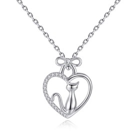 GemShadow Women Girls 925 Sterling Silver Cubic Zirconia Heart Cat Necklace