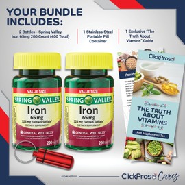 Spring Valley Iron Tablets Dietary Supplement Value Size, 65 mg, 200 Count 2 Pack Bundle (400 Total) + The Truth About Vitamins Guide and Pill Container (4 Items)