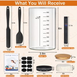 Sourdough Starter Jar Glass, 34 Oz DIY Wide-mouth Pro Sourdough Starter Jar Kit with Silicone Spatula,Cholkboard Sign, hermometer,Feeding Band,cloth cover, Reusable Sourdough Bread Baking Supplies.