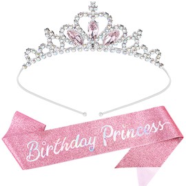 COCIDE "Birthday Princess Sashes and Tiaras for Girls Birthday Pink Crowns and Tiaras for Women Birthday Party Accessories Kit Happy Birthday Decorations Set Glitter Sash Crystal Rhinestone