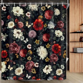 Drgilau Floral Shower Curtain, Vintage Floral Shower Curtain Set Red Flower Plants Bathroom Curtain, Boho Flower Shower Curtain Set with Hooks for Bathroom Decor 36X72 Inch