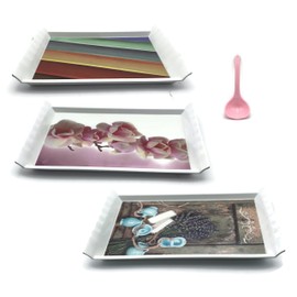 Melamine Serving Tray, Rectangular Serving Tray with Handles, Large Serving Tray, Appetizer Serving Tray, Food Serving Tray in Size 10.75" x 7.5"x1" Each 3pcs/Set + Free Sauce Spoon (Mix 1)