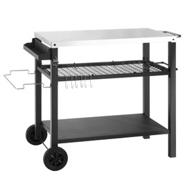 DNKMOR Dining Cart Table with Three Shelf, Movable Outdoor BBQ Grill Table Pizza Oven Stand with Three Hooks, Kitchen Cart Island Multifunctional Food Prep Table for Inside and Outside (Sliver)