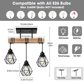 Feanron 3-Lights Farmhouse Dining Room Pendant Light Fixtures Over Table, Rustic Solid Wood Kitchen Island Lighting Hanging with Metal Shades, Modern Black Ceiling Pendant Lamp for Living Room Hallway