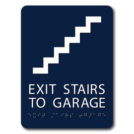 The Sign Studio - 6" x 9" - Marine Blue/White - ADA - Exit Stairs to Garage with Pictorial Sign with Tactile & Braille