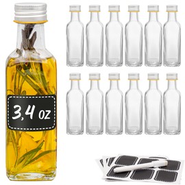 Praknu 12 Pack Square Glass Bottles with Screw Caps – 100ml/3.4 oz Set with Labels & Marker for Oils, Vinegar, Juice & Spirits – Airtight Seal, Dishwasher Safe