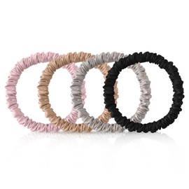 4Pcs 100% Mulberry Silk Scrunchies Hair Care, Mulberry Silk Skinny Hair Ties Elastic, 22 Momme Mulberry Silk Hair Ties Scrunchies Set Women Curly Thin Hair (Pink,Camel,Gray,Black)
