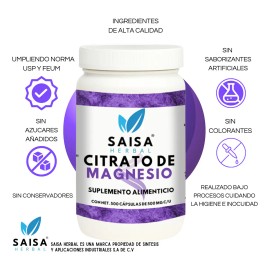 Citrato Magnesio Potasio 500 Cápsulas Suplemento Alimenticio Saisa Herbal Sabor Alta Biodisponibilidad Apoyo Sueño Ayuda Fortalecer Musculos Vitalidad