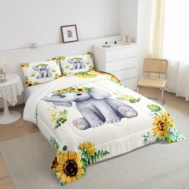 Homewish Cute Elephant Kids Comforter Set Twin Size,Boys Girls Adults Cabin Decor,Sunflowers Plants Rustic Farmhouse Down Comforter,Cartoon Animal Kawaii Bedding Set,Bright Duvet Insert,1 Pillowcase