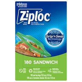 Ziploc Snack and Sandwich Bags for On-The-Go Freshness, Grip 'n Seal Technology for Easier Grip, Open and Close, 180 Count