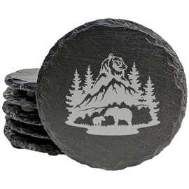 Bear Hug Adventure: Slate Coasters Set, Laser-Etched Male Bear, Mountain & Tree Scene with Mother Bear and Cub - Unique Home Decor Gift - Round Slate - set of 6