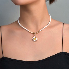 Erimberate Bohemian Enamel Daisy Choker Necklace Gold Sunflower Pendant Necklace Small Daisy Flower Collar Necklace White Rice Bead Chain Necklace Jewelry for Women