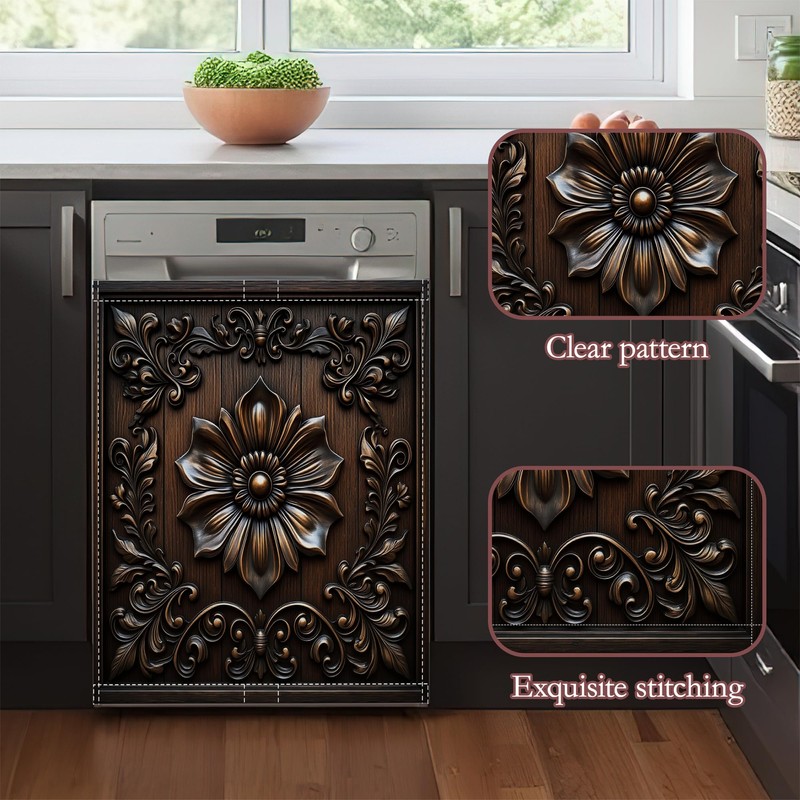 Dark Black Wooden Flowers Dishwasher Magnet Cover for Kitchen Décor