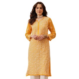 Ada Handcrafted Chikankari Faux Georgette Kurti Kurta A95504, Yellow, XXX-Large